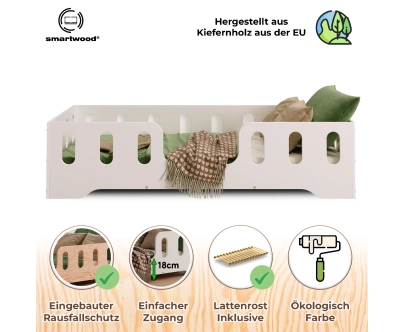 Einzelbett für Kinder mit Rausfallschutz und Lattenrost TILA 2 Montessori Holz