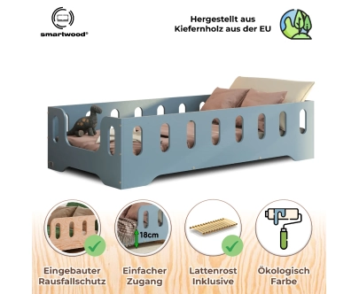 Einzelbett für Kinder mit Rausfallschutz und Lattenrost TILA 2 Montessori Holz