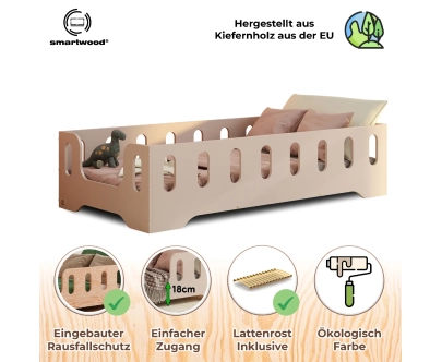 Einzelbett für Kinder mit Rausfallschutz und Lattenrost TILA 2 Montessori Holz