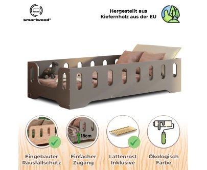 Einzelbett für Kinder mit Rausfallschutz und Lattenrost TILA 2 Montessori Holz