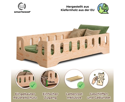 Einzelbett für Kinder mit Rausfallschutz und Lattenrost TILA 2 Montessori Holz