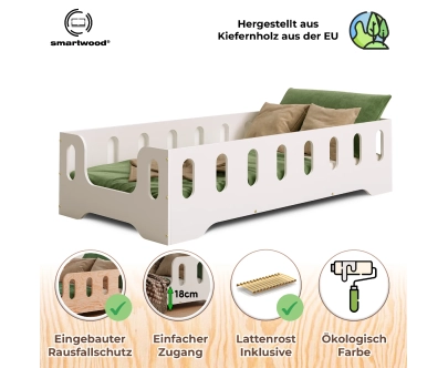 Einzelbett für Kinder mit Rausfallschutz und Lattenrost TILA 2 Montessori Holz