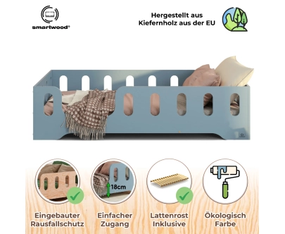 Einzelbett für Kinder mit Rausfallschutz und Lattenrost TILA 2 Montessori Holz