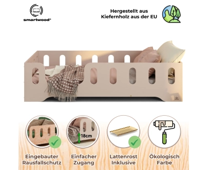 Einzelbett für Kinder mit Rausfallschutz und Lattenrost TILA 2 Montessori Holz