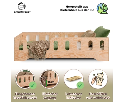 Einzelbett für Kinder mit Rausfallschutz und Lattenrost TILA 2 Montessori Holz