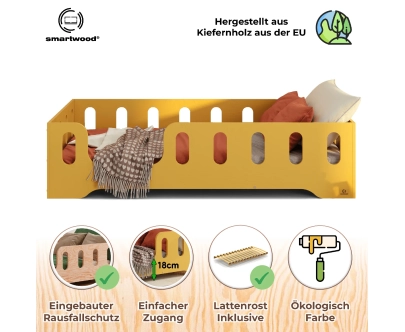 Einzelbett für Kinder mit Rausfallschutz und Lattenrost TILA 2 Montessori Holz