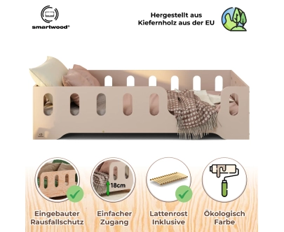 Einzelbett für Kinder mit Rausfallschutz und Lattenrost TILA 2 Montessori Holz