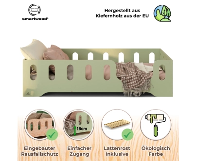 Einzelbett für Kinder mit Rausfallschutz und Lattenrost TILA 2 Montessori Holz