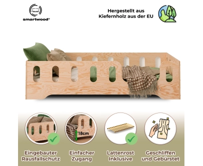Einzelbett für Kinder mit Rausfallschutz und Lattenrost TILA 2 Montessori Holz