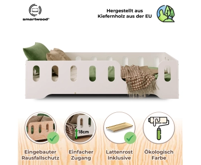 Einzelbett für Kinder mit Rausfallschutz und Lattenrost TILA 2 Montessori Holz