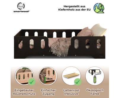 Einzelbett für Kinder mit Rausfallschutz und Lattenrost TILA 2 Montessori Holz