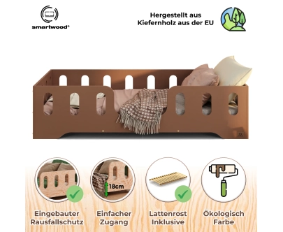 Einzelbett für Kinder mit Rausfallschutz und Lattenrost TILA 2 Montessori Holz