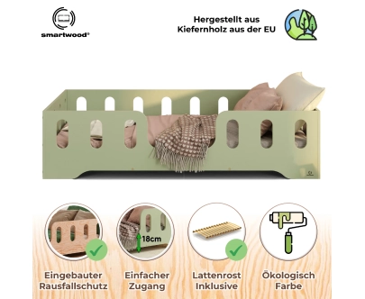 Einzelbett für Kinder mit Rausfallschutz und Lattenrost TILA 2 Montessori Holz