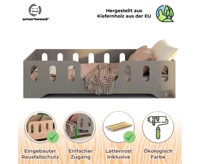 Einzelbett für Kinder mit Rausfallschutz und Lattenrost TILA 2 Montessori Holz
