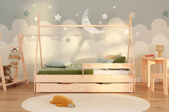 Hausbett für Kinder mit Schublade, Rausfallschutz und Lattenrost TIPI D Montessori Holz