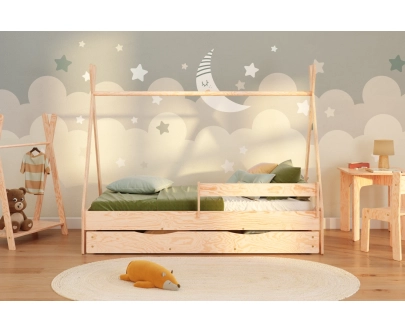Hausbett für Kinder mit Schublade, Rausfallschutz und Lattenrost TIPI D Montessori Holz