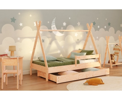 Hausbett für Kinder mit Schublade, Rausfallschutz und Lattenrost TIPI D Montessori Holz