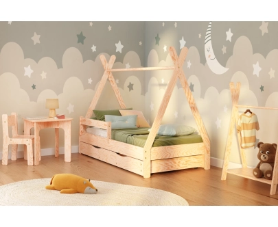 Hausbett für Kinder mit Schublade, Rausfallschutz und Lattenrost TIPI D Montessori Holz