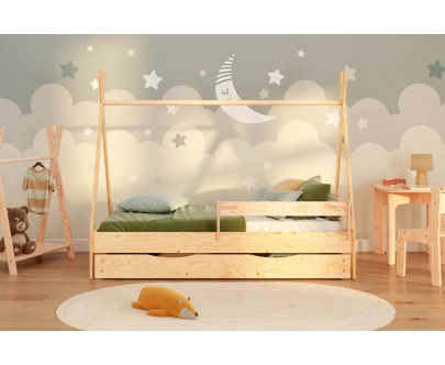 Hausbett für Kinder mit Schublade, Rausfallschutz und Lattenrost TIPI D Montessori Holz