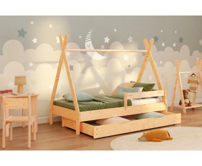 Hausbett für Kinder mit Schublade, Rausfallschutz und Lattenrost TIPI D Montessori Holz