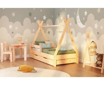 Hausbett für Kinder mit Schublade, Rausfallschutz und Lattenrost TIPI D Montessori Holz