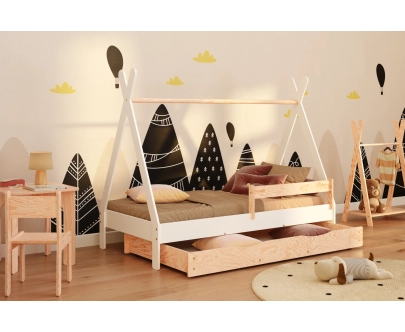 Hausbett für Kinder mit Schublade, Rausfallschutz und Lattenrost TIPI D Montessori Holz