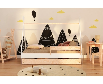 Hausbett für Kinder mit Schublade, Rausfallschutz und Lattenrost TIPI D Montessori Holz