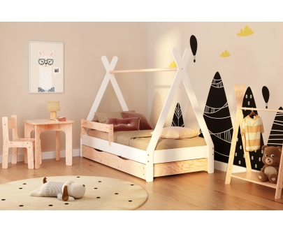 Hausbett für Kinder mit Schublade, Rausfallschutz und Lattenrost TIPI D Montessori Holz