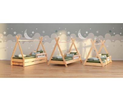 Hausbett für Kinder mit Schublade, Rausfallschutz und Lattenrost TIPI D Montessori Holz