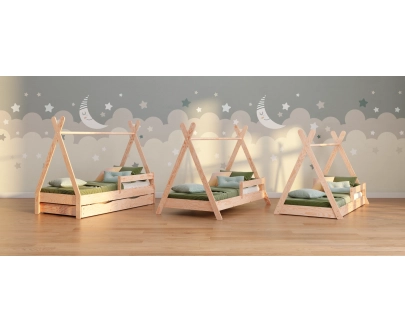 Hausbett für Kinder mit Rausfallschutz und Lattenrost TIPI Montessori Holz