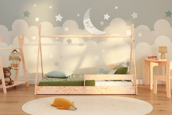 Hausbett für Kinder mit Rausfallschutz und Lattenrost TIPI F Montessori Holz