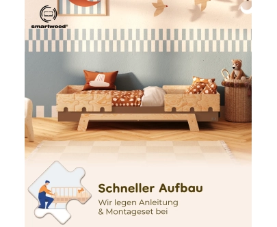 Einzelbett für Kinder mit Rausfallschutz und Lattenrost PUZZLE BR2 Montessori Holz