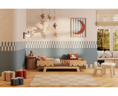 Einzelbett für Kinder mit Rausfallschutz und Lattenrost PUZZLE BR2 Montessori Holz