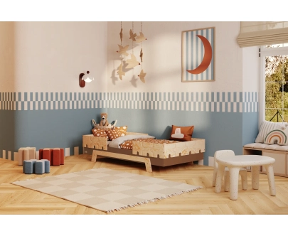 Einzelbett für Kinder mit Rausfallschutz und Lattenrost PUZZLE BR2 Montessori Holz