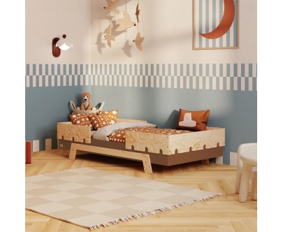 Einzelbett für Kinder mit Rausfallschutz und Lattenrost PUZZLE BR2 Montessori Holz