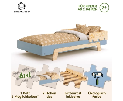 Einzelbett für Kinder mit Rausfallschutz und Lattenrost PUZZLE BR1 Montessori Holz