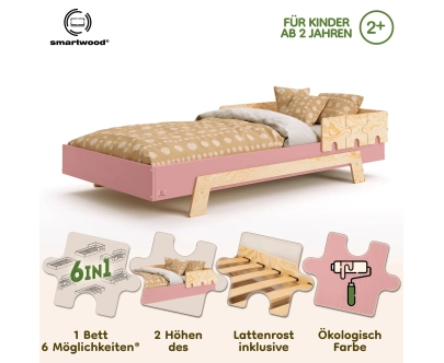 Einzelbett für Kinder mit Rausfallschutz und Lattenrost PUZZLE BR1 Montessori Holz