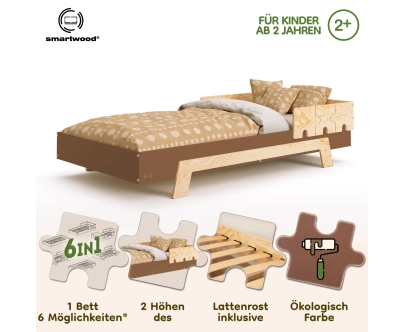 Einzelbett für Kinder mit Rausfallschutz und Lattenrost PUZZLE BR1 Montessori Holz