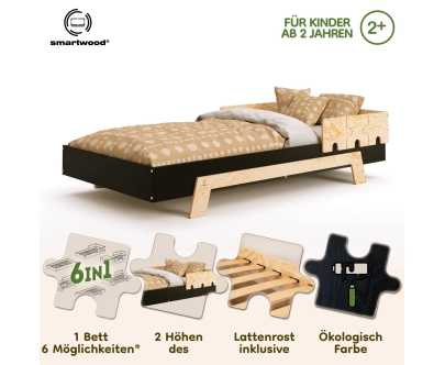 Einzelbett für Kinder mit Rausfallschutz und Lattenrost PUZZLE BR1 Montessori Holz