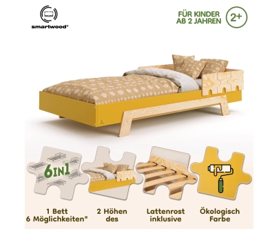Einzelbett für Kinder mit Rausfallschutz und Lattenrost PUZZLE BR1 Montessori Holz