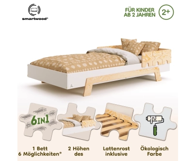 Einzelbett für Kinder mit Rausfallschutz und Lattenrost PUZZLE BR1 Montessori Holz