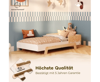 Einzelbett für Kinder mit Rausfallschutz und Lattenrost PUZZLE BR1 Montessori Holz
