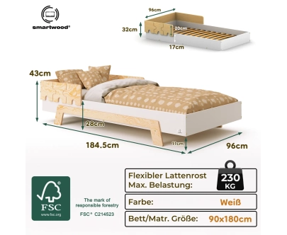 Einzelbett für Kinder mit Rausfallschutz und Lattenrost PUZZLE BR1 Montessori Holz