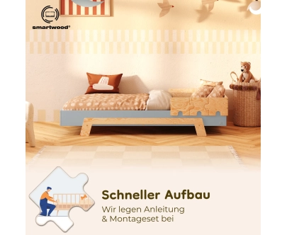 Einzelbett für Kinder mit Rausfallschutz und Lattenrost PUZZLE BR1 Montessori Holz