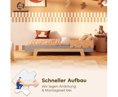 Einzelbett für Kinder mit Rausfallschutz und Lattenrost PUZZLE BR1 Montessori Holz