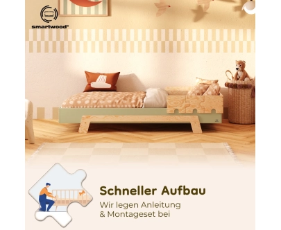 Einzelbett für Kinder mit Rausfallschutz und Lattenrost PUZZLE BR1 Montessori Holz