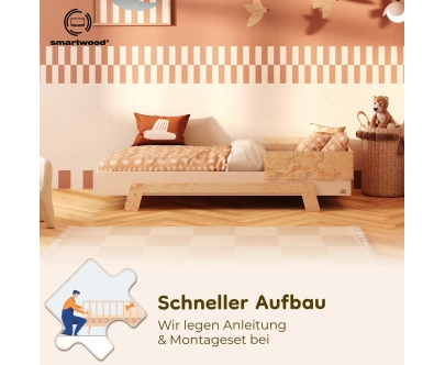 Einzelbett für Kinder mit Rausfallschutz und Lattenrost PUZZLE BR1 Montessori Holz