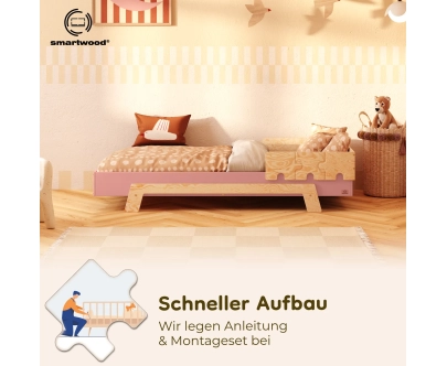 Einzelbett für Kinder mit Rausfallschutz und Lattenrost PUZZLE BR1 Montessori Holz