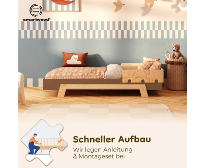 Einzelbett für Kinder mit Rausfallschutz und Lattenrost PUZZLE BR1 Montessori Holz