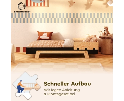 Einzelbett für Kinder mit Rausfallschutz und Lattenrost PUZZLE BR1 Montessori Holz
